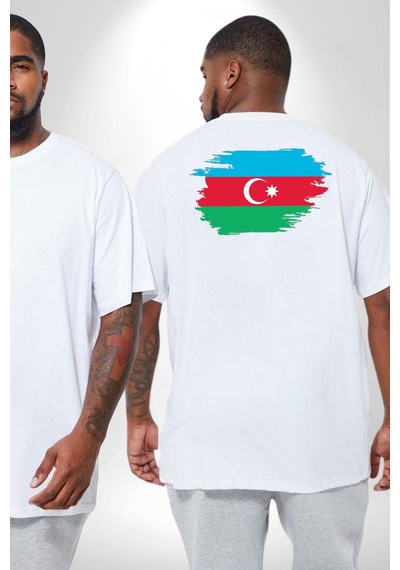 Angemiel Azerbeycan Bayrağı Büyük Beden Beyaz Tişört Kadın Erkek Ünisex Sırt Baskılı Beyaz
