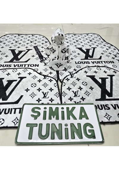 Lv Xl Beyaz - Siyah Dekor Oto Halı Paspas 4 Parça Ön Arka Takım Ve Vites Poları Kumaş Anahtarlık Hed