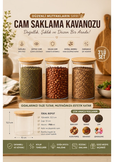 Porsima 1-3 Bambu Vakumlu Kapaklı Yuvarlak Borosilikat Cam 3lü Kavanoz Seti Saklama Kabı 750ml 10x12cm