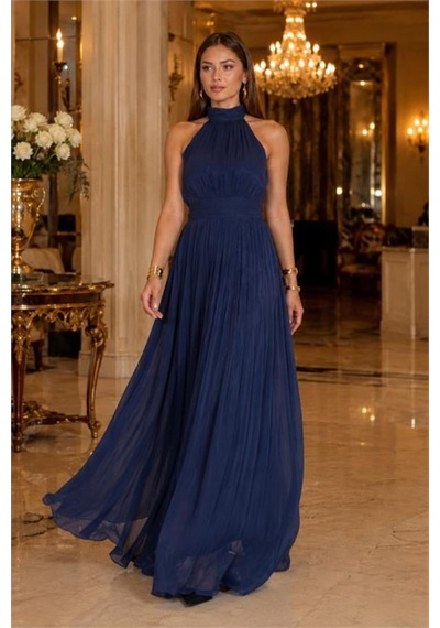 Neşeli Butik Kadın Lacivert Halter Yaka Janjan Kumaş Premium Abiye Elbise Nbmy4128