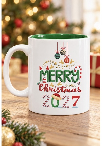 Mesela Yılbaşı Kupası Merry Christmas 2027 Desenli Yeşil İçli Hediyelik Kahve Kupa Bardak Beyaz