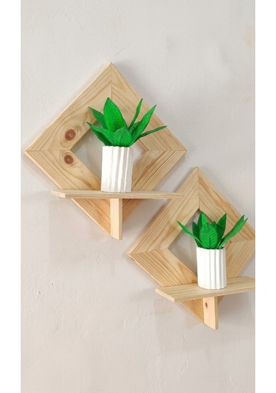 Masif Ahşap Baklava Dilim Duvar Rafı - 3 Parça Dekoratif Raf Seti 25x25 Cm Bej