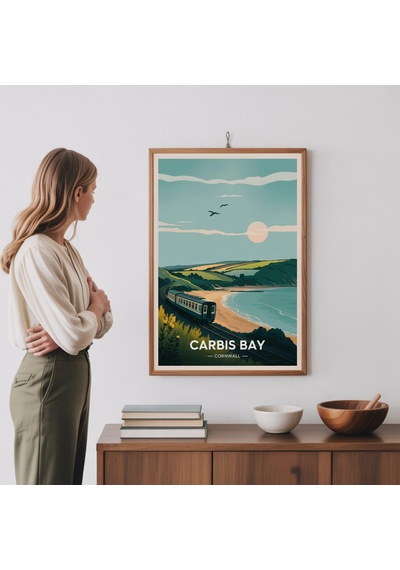 Carbis Bay Cornwall Seyahat Posteri Sahil Manzarası Sanat Eseri Deniz Kenarı Dekorasyonu
