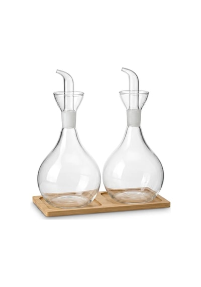 2li Düz Tombul Borosilikat Cam Yağdanlık Ve Sirkelik Seti Bambu Standlı 750 Ml Şeffaf