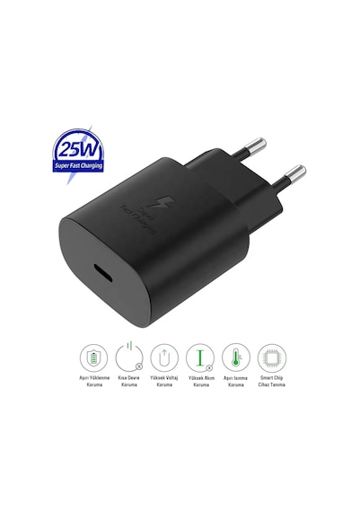 Samsung Galaxy M07 Uyumlu 25w Type-c Girişli Super Hızlı Şarj Cihazı Adaptör - Garantili Siyah