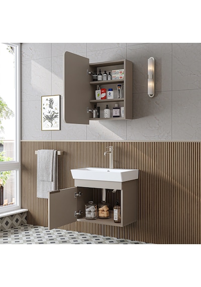 Likya Lavabolu Banyo Dolabı Takımı, Mdflam Tek Kapaklı Lavabolu 59 Cm Banyo Alt Dolabı + Üst Dolabı Kumtaşı