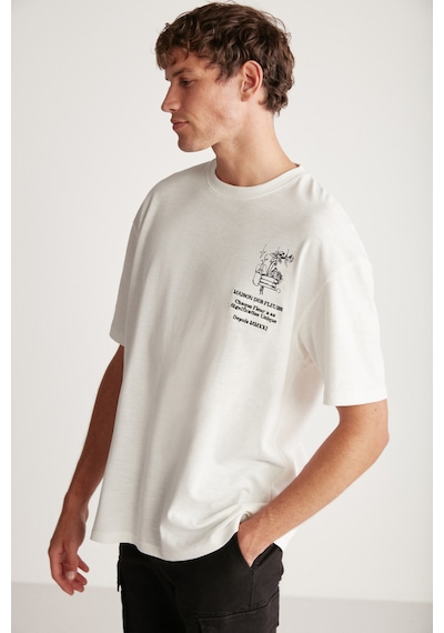 Grımelange Alonzo Erkek Oversize Fit %100 Pamuk Nakışlı Ve Baskılı Ekru T-shirt Ekru