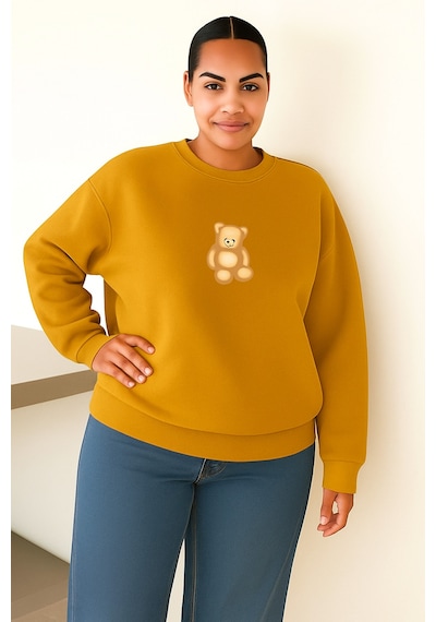 Benroma Ayıcık Baskılı Büyük Beden Unisex Sweatshırt Sarı