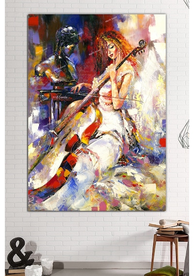 Çello Viyolonsel Çalan Kadın Yağlı Boya Efektli Kanvas Tablo 8 FARKLI ÖLÇÜ 60 x 90