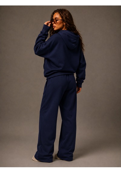 Macklin Unisex Kadın Erkek Baskısız Sweatshirt Oversize 3 İplik Kapüşonlu Hoodie Ve Baggy Eşofman Altı Lacivert