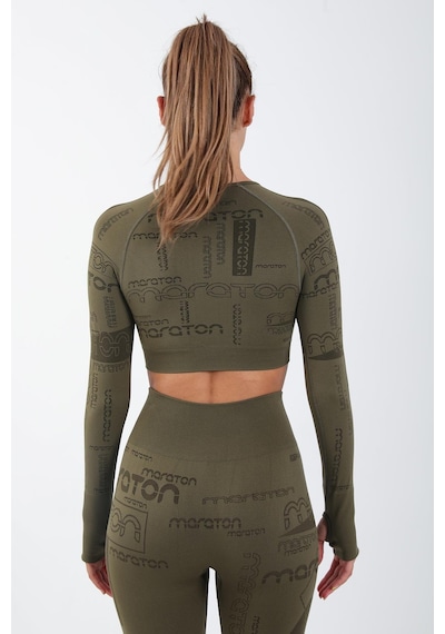 Maraton Active Slimfit Kadın Bisiklet Yaka Uzun Kol Koşu Haki Crop Top 816025 Haki