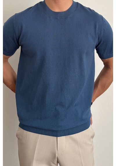Tarz Cool Erkek Slim Fit Bisiklet Yaka Triko T-shirt Saks