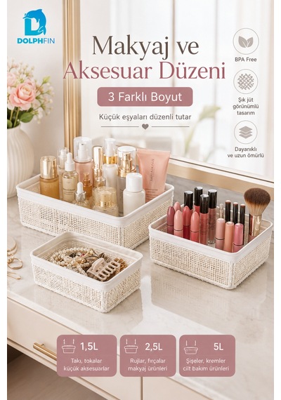 Jute Çok Amaçlı Sepet 3 Lü Set 1,5 L 2,5 L 5 L Mutfak Banyo Dolap İçi Saklama Organizeri beyaz