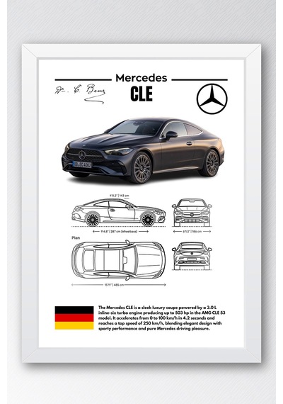 Mercedes Cle Tablo - Teknik Özellikli Lüks Coupe Poster - Çerçeveli Duvar Dekoru - Araba Blueprint Beyaz