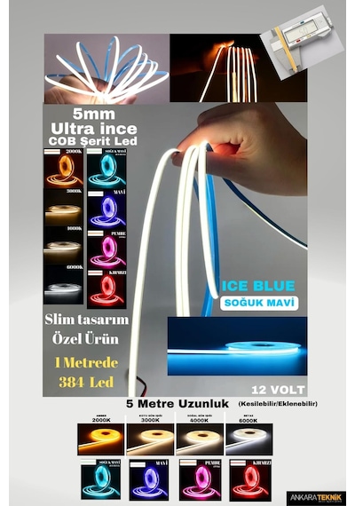 Ultra Ince 5mm. Kalınlık Cob Şerit Led Ice Blue Neon Gibi Yanar.
