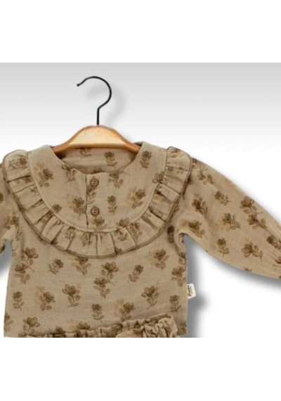 Babyhola Kız Bebek Bayramlık Takım Fırfır Yakalı Çiçek Desenli Müslin İkili Set 2010 Kahverengi