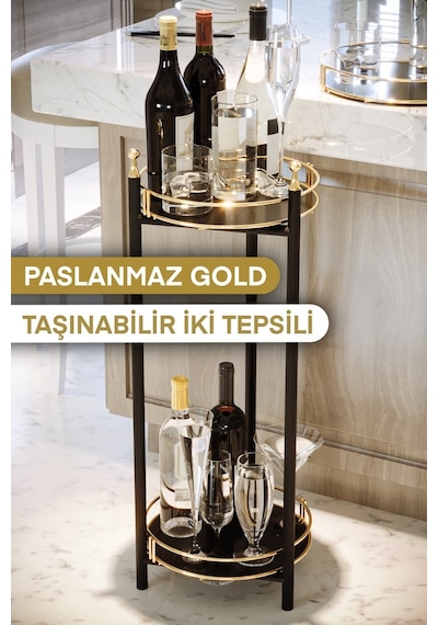 Bino Bahçe Balkon Çiçeklik Saksı Standı Dekoratif Lüks Metal 2 Katlı Saksılık Servis Sunum Tepsileri