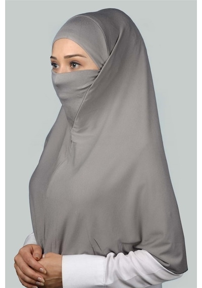 Altobeh Hazır Türban Peçeli Pratik Eşarp Tesettür Nikaplı Hijab - Namaz Örtüsü Sufle (XL) - Gri