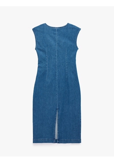 Koton Metal Aksesuarlı Kolsuz Pamuklu Drapeli Denim Midi Elbise Orta İndigo 6sal80031md