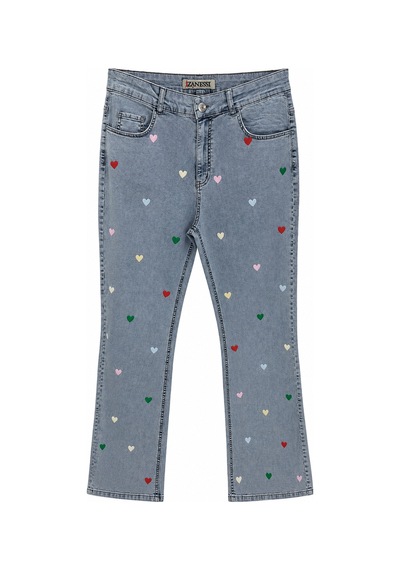 Zanessi Fashıon Büyük Beden Fermuarlı Kalp Baskılı Denim Kadın Pantolon Mavi