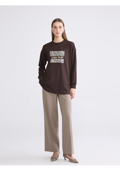 Lcw Everyday Kahverengi Baskılı Oversize Kadın Sweatshirt Tunik