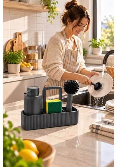Antrasit Mutfak Lavabo Üstü Organizer Seti 24 Cm Deterjanlık Süngerlik Bulaşık Fırçalık Tezgah Düzenleyici