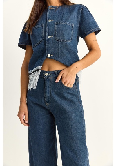 Kadın Dantel Detaylı Kısa Kollu Ceket Wide Leg Denim Pantolon Takım 8211 60286152 - Lacivert Kadın Dantel Detaylı Kısa Kollu Ceket Wide Leg Denim Pantolon Takım 8211 60286152 - Lacivert
