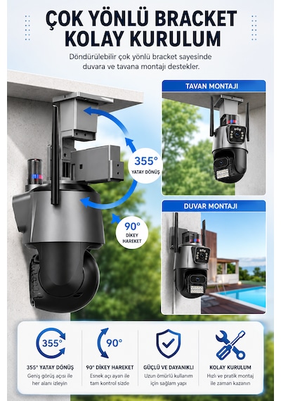 ARM-318 Dual Lens 6MP Çift Kameralı Akıllı WiFi Güvenlik Kamerası 360° Dönebilen Gece Görüşlü Dış Mekan IP Kamera