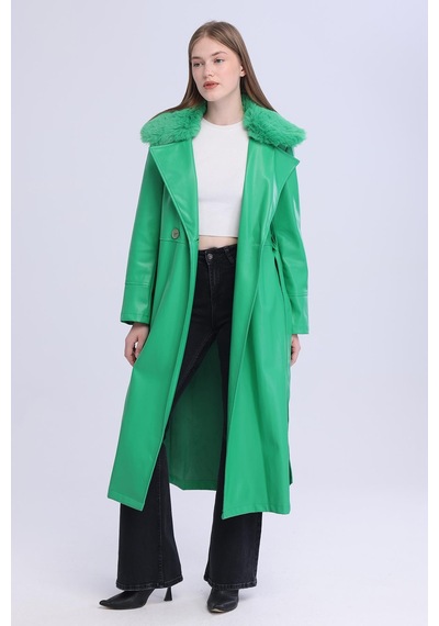 Selectmoda Kadın Peluş Yaka Deri Görünümlü Uzun Kaban Yeşil
