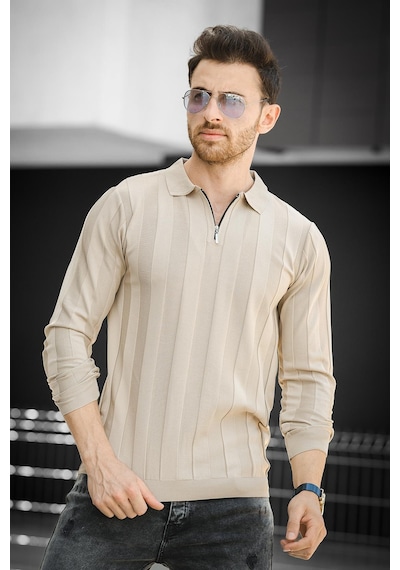Oksit Vilnius Slim Fit Çizgili Gömlek Yaka Yarım Fermuarlı Erkek Triko 001