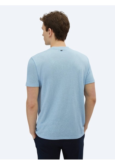 Kip Mavi Düz Bisiklet Yaka Pamuk Karışımlı T-shirt Mavi