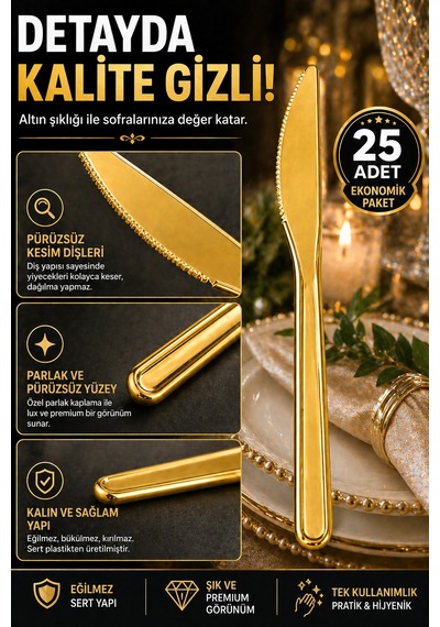 25 Li Altın Plastik Bıçak 18 Cm Sert Tek Kullanımlık