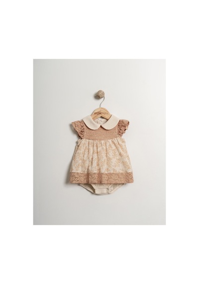 Pufien Bebek Badi, Çıtçıtlı Dantelli Bebek Romper Kahverengi