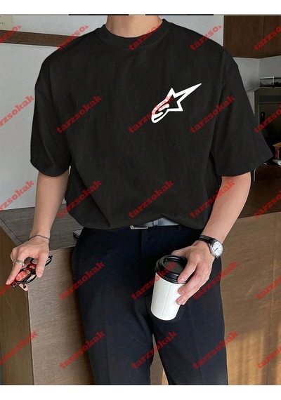 Startmore Y2k Starz Baskılı Oversize Unisex Kısa Kollu Bisiklet Yaka T-shirt Siyah