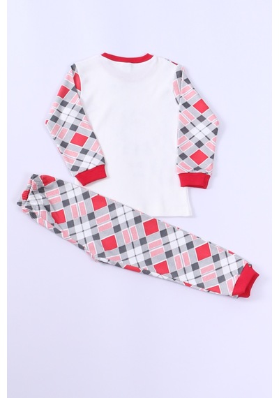 Çocuk Yılbaşı Pijama Takımı Noel Baba Baskılı Ribanalı D8 Kırmızı
