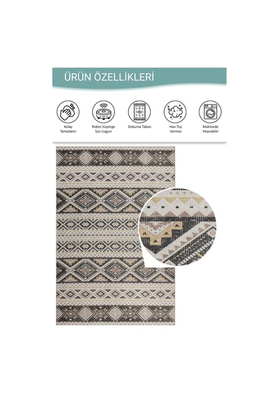 Artloop Nora Krem / Gri Etnik Desenli Dokuma Tabanlı Modern Şönil Halı Al 508 Krem - Gri