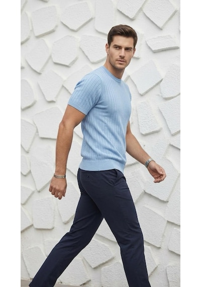 Plus Scorpion Erkek Slim Fit Triko Tişört Bisiklet Yaka Çizgili Modern Şık Tasarım Mavi