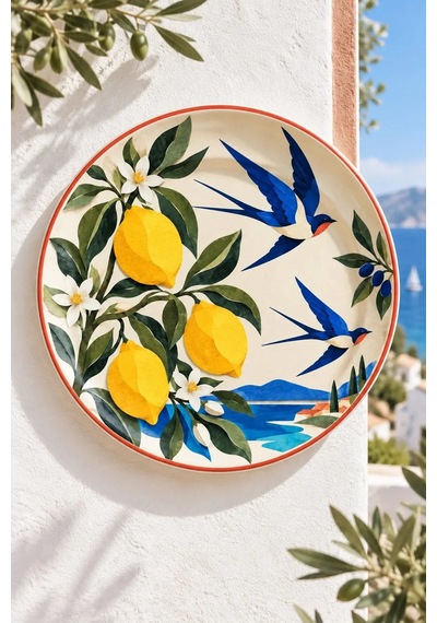 Dekoratif Duvar Tabağı Kâğıt Bahçede Limon Dekorlu Seramik Tabak Mavi