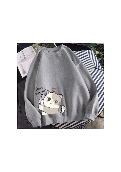 Tarzsokak Bisiklet Yaka Don't Kıss Me Kedicik Baskılı Tam Kışlık Oversize Kadın Sweatshırt Ld Gri