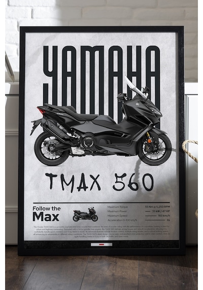 Tmax 560 Siyah Ahşap Çerçeveli Poster, Dekoratif Motosiklet Duvar Tablosu