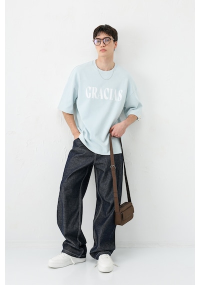 Vamos Oversize Baskılı Tişört V70-143 Bebe Mavi