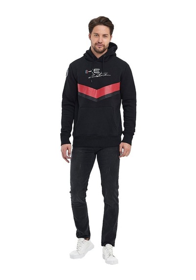 Adams Siyah Kapüşonlu Mavi/kırmızı Baskılı Kanguru Cepli Sweatshirt Siyah