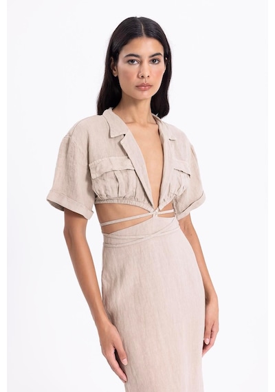 Fashion Cocktail Ham Keten Arka Yırtmaçlı Kalem Etek Derin V Yaka Kısa Kol Krop Bohem Yazlık Takım Krem Fashion Cocktail Ham Keten Arka Yırtmaçlı Kalem Etek Derin V Yaka Kısa Kol Krop Bohem Yazlık Takım Krem