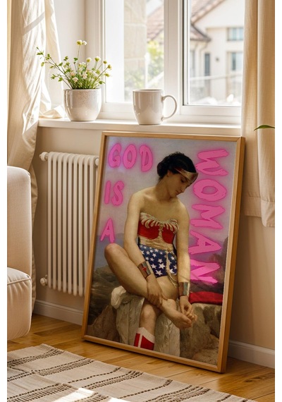 God Is A Woman Çerçeveli Tablo Vintage Görünümlü Feminist Duvar Sanatı Altered Art
