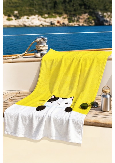 Kedi Figürlü Sarı Çocuk Plaj Havlusu - Sevimli Minimalist Beyaz Çocuk Hızlı Kuruyan Mikrofiber Havlu Pastel Melon