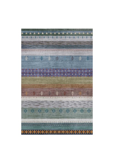 Etnik Kilim Desenli Pamuk Taban Yıkanabilir Baskılı Halı Mavi