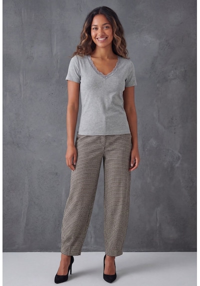 Gri V Yaka Dantelli Slim Fit Kadın Tişört Mg2683 Gri