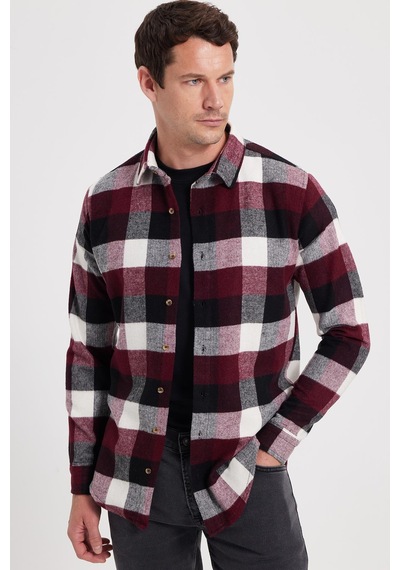 Tudors Erkek Slim Fit Dar Kesim Kareli Kışlık Oduncu Gömlek-42327 Bordo