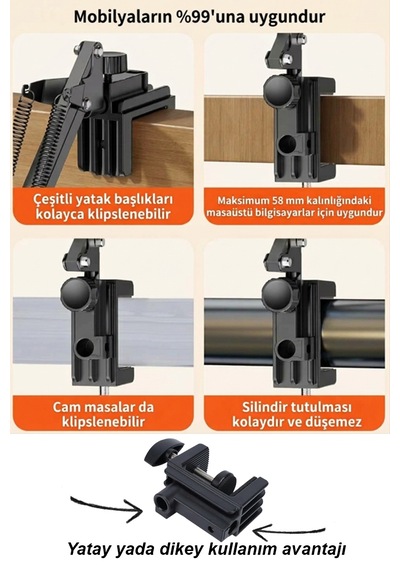 Çift Kollu Akrobat Tablet Telefon Standı 25 Cm Açılır Başlık Cam Masa Yatak Başucu Standı