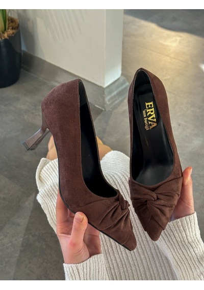 Ervanın Butiği Kahve Süet Crossbow Fiyonk Detay Kadın Stiletto-6077 Kahverengi